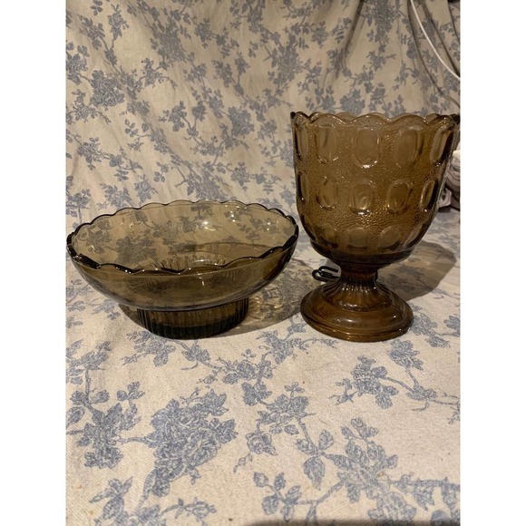 EO Brody Co Smoky Brown Pressed Glass Pedestal Bowl and Thumbprint Vase - Picture 1 of 10